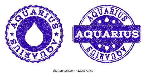 Grunge Aquarius stamp seal imprints. Aquarius text inside blue corroded rubber seals with grunge texture. Rectangle and circle figures are used. Designed for water saving illustrations.