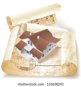Grunge architectural background with a 3D building model. Vector clip-art