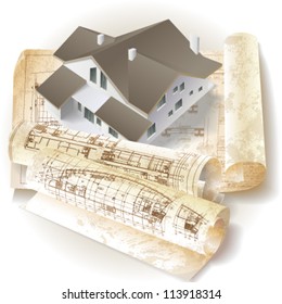 Grunge architectural background with a 3D building model and rolls of drawings. Vector clip-art
