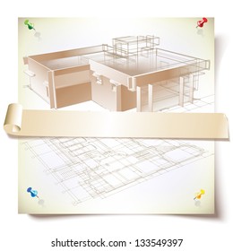 Grunge architectural background with a 3D building model. Part of architectural project, architectural plan, technical project, architecture planning on paper, construction plan