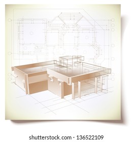Grunge architectural background with a 3D building model. Part of architectural project, architectural plan, technical project, architecture planning on paper, construction plan