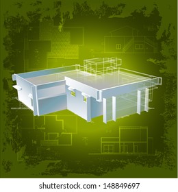 Grunge architectural background with a 3D building model. Part of architectural project, architectural plan, technical project, construction plan 