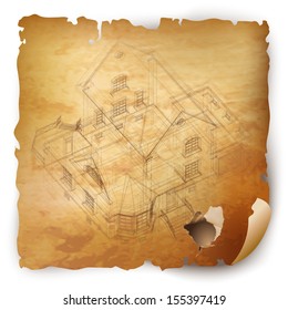 Grunge architectural background with a 3D building model. Vector illustration