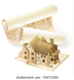 Grunge architectural background with a 3D building model and rolls of drawings. Vector illustration