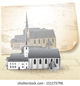 Grunge architectural background with a 3D model of a church in the suburb of Luxembourg. Fully editable vector