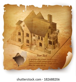 Grunge architectural background with a building model. Part of architectural project, architectural plan, technical project, construction plan 