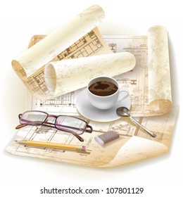 Grunge architectural  background with drawing tools and rolls of drawings. Vector clip-art