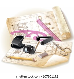 Grunge architectural  background with drawing tools and rolls of drawings. Vector clip-art