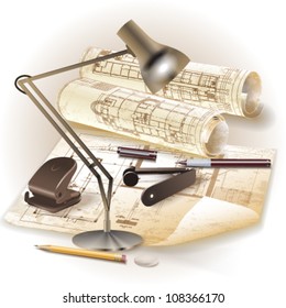 Grunge architectural background with drawing tools and rolls of drawings. Vector clip-art