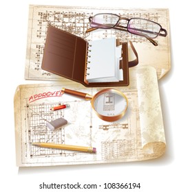 Grunge architectural background with drawing tools and rolls of drawings. Vector clip-art