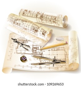 Grunge architectural background with drawing tools and rolls of drawings. Vector clip-art