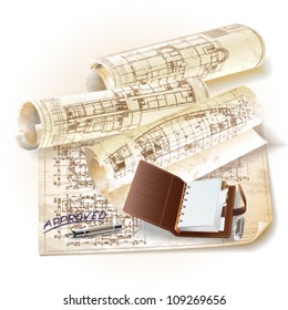 Grunge architectural background with drawing tools and rolls of drawings. Vector clip-art