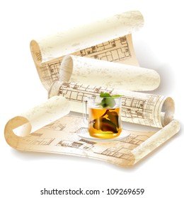 Grunge architectural background with drawing tools and rolls of drawings. Vector clip-art