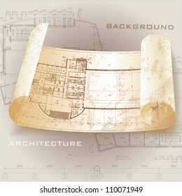 Grunge architectural background with drawing tools and rolls of drawings. Vector clip-art