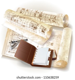 Grunge architectural background with drawing tools and rolls of drawings. Vector clip-art