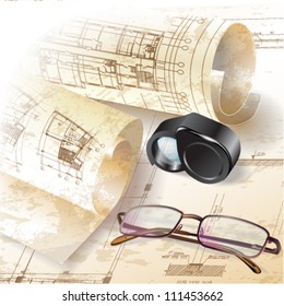 Grunge architectural background with drawing tools and rolls of drawings. Vector clip-art