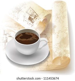 Grunge architectural background with drawing tools and rolls of drawings. Vector clip-art