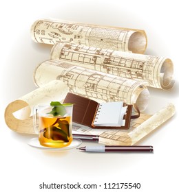 Grunge architectural background with drawing tools and rolls of drawings. Vector clip-art