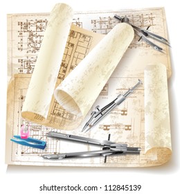 Grunge architectural background with drawing tools and rolls of drawings. Vector clip-art