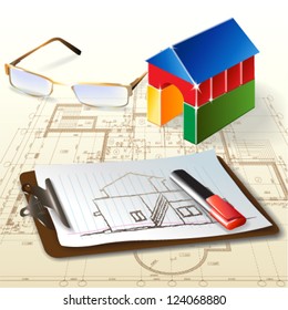 Grunge architectural background with drawing tools and rolls of drawings. Vector illustration