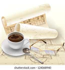 Grunge architectural background with drawing tools and rolls of drawings. Vector illustration