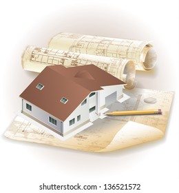 Grunge architectural background with rolls of drawings for your business site