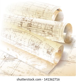 Grunge architectural background with rolls of drawings