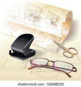 Grunge architectural background with rolls of drawings. Vector clip-art 