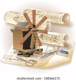 Grunge architectural background with a windmill in retro style and rolls of technical drawings