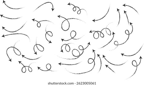 Ícone de seta grunge definido. curva pontilhada setas design. Coleção de setas desenhadas à mão. Setas curvas. ícones de troca
