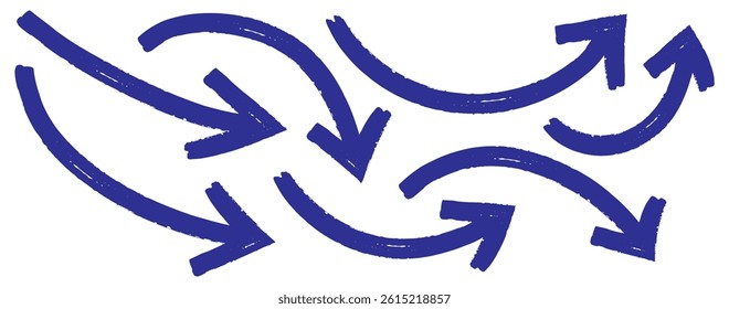 grunge arrow . Set of blue hand drawn grunge doodle spiral and curved charcoal, chalk arrows on white background. Collection various bold brush drawn arrows and squiggle lines. Blue Hand drawn vector 