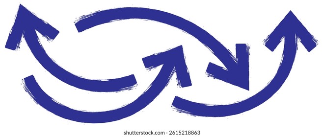 grunge arrow . Set of blue hand drawn grunge doodle spiral and curved charcoal, chalk arrows on white background. Collection various bold brush drawn arrows and squiggle lines. Blue Hand drawn vector 