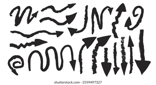 Grunge arrow set. Pointer shapes modern black. Vector hand drawn collection illustration isolated on white background.
