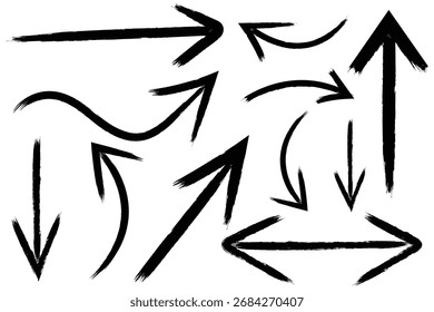 Vector de la flecha del grunge. Pincel de flecha doodle línea de tiza trazo. Icono de flecha de lápiz de boceto. Elemento de dirección de boceto de pincel grunge dibujado a mano. eps 10