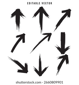 Grunge Arrow Vector Set: 9 Unique Hand-Painted Arrows for Design Flat vector illustration
