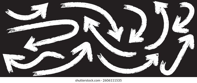 Grunge arrow vector set. Grunge arrow brush drawn.  various charcoal arrows. Hand drawn doodle arrow symbols vector. Bold brush drawn arrows. Brush, marker drawn bold arrows set. Collection of hand 