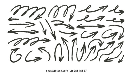 Grunge arrows charcoal drawn. Straight and curved thin pointers doodle elements set. Scribble freehand arrow markers Vector illustration by pencil..