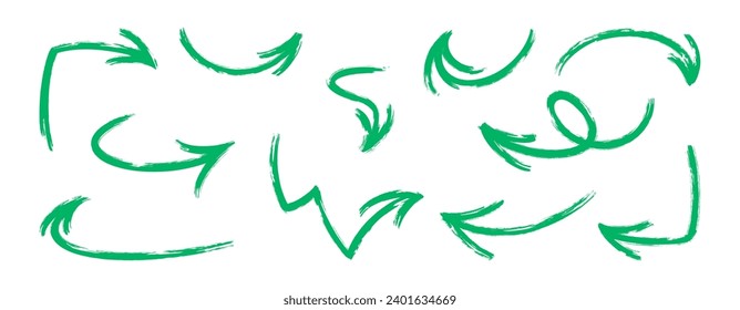 Arrojadas. Juego de flecha verde con textura de marcador. Ilustración del vector aislada en fondo blanco