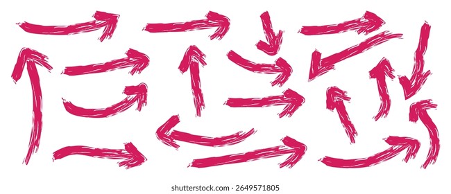 grunge arrows, Hand drawn grunge brush sketch, Red pencil hand drawn various oval, chalked arrows, check marks. Vector illustration isolated on white background. 