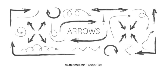 Grunge arrows. Hand drawn arrows. Set of vector curved arrows. Sketch doodle style. Vector illustration