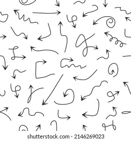 Las flechas gruesas son un patrón sin fisuras. Flecha de doodle dibujada a mano. Ilustración vectorial.