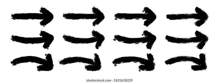 Grunge Arrows set. Ink brush black and white arrows. Hand drawn grunge crayon brush sketch direction element on chalkboard. Set of black paint brush strokes arrow. Vector illustration
