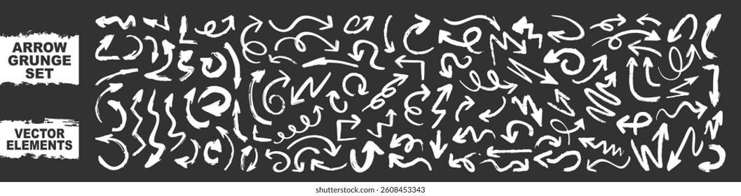 Grunge arrows set isolated. Hand drawn vector arrows. Dry brushstrokes, arrows, pointers.