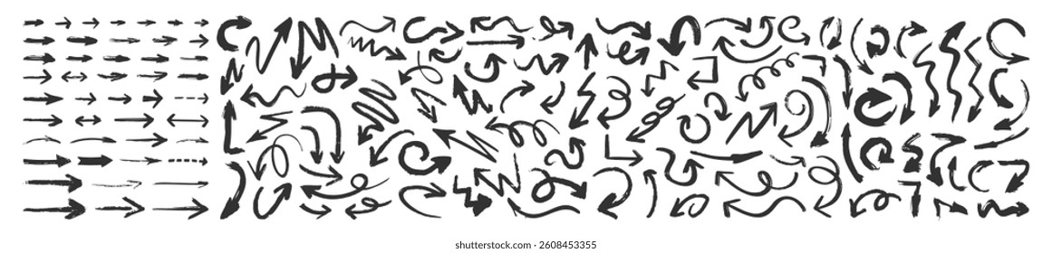 Grunge arrows set isolated on transparent. Hand drawn vector arrows. Dry brushstrokes, arrows, pointers.