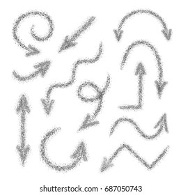 Grunge arrows set on white. Hand drawn vector arrows. Spray texture. Vector illustration.
