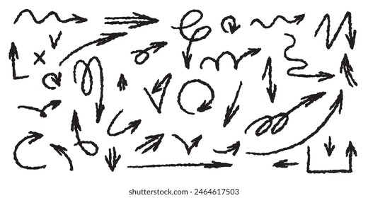 Grunge arrows set vector icons. Various curved lines and arrows are drawn by hand on the side on a white background. Doodle marker drawing, black chalk strokes. Direction indicators. 