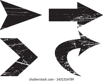 Grunge Arrows Signs Collection. Can be used as Separate Design Elements. Vector Distressed Textures Set. Blank Geometric Shapes. Vector Illustration. Black isolated on white. EPS10.