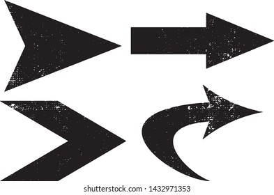 Grunge Arrows Signs Collection. Can be used as Separate Design Elements. Vector Distressed Textures Set. Blank Geometric Shapes. Vector Illustration. Black isolated on white. EPS10.