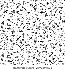 Las flechas y los símbolos de Grunge son un patrón sin fisuras con las Flechas Grunge dibujadas a mano. Ornamento para impresión en tela, cubierta y embalaje. Ornamento vectorial simple en blanco y negro aislado en fondo blanco
