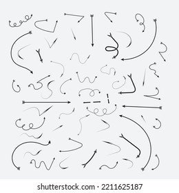 Grunge arrows vector set . Grunge Sketch arrow. Direction pointers Shapes and Objects. Curly and wave orientation pointers. Editable vector stroke